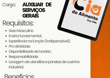 Cia do alimento seleciona Auxiliar de serviços gerais, Auxiliar de estoque; Envie seu currículo!