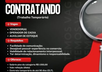 Seleção para seguintes vagas Vendedor (a), Operador de caixa, Auxiliar de estoque; Envie seu currículo!